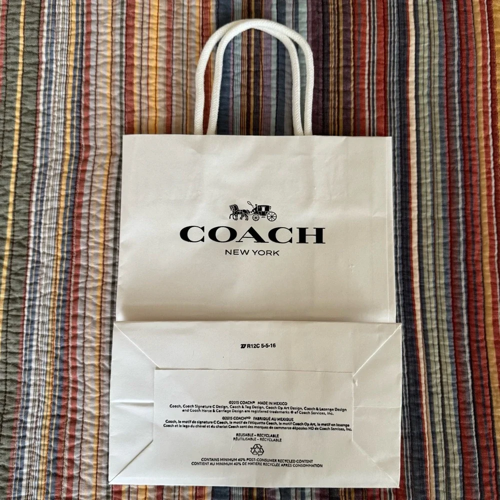 Coach white paper shopping or gift bag. Black Logo. White Rope Handles 10x8x4.5